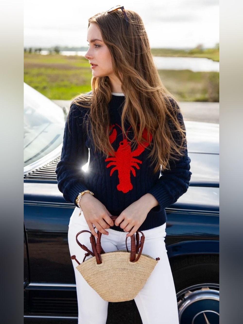 Kiel James Patrick lobster cable knit cotton sweater in navy - Picture 2 of 9